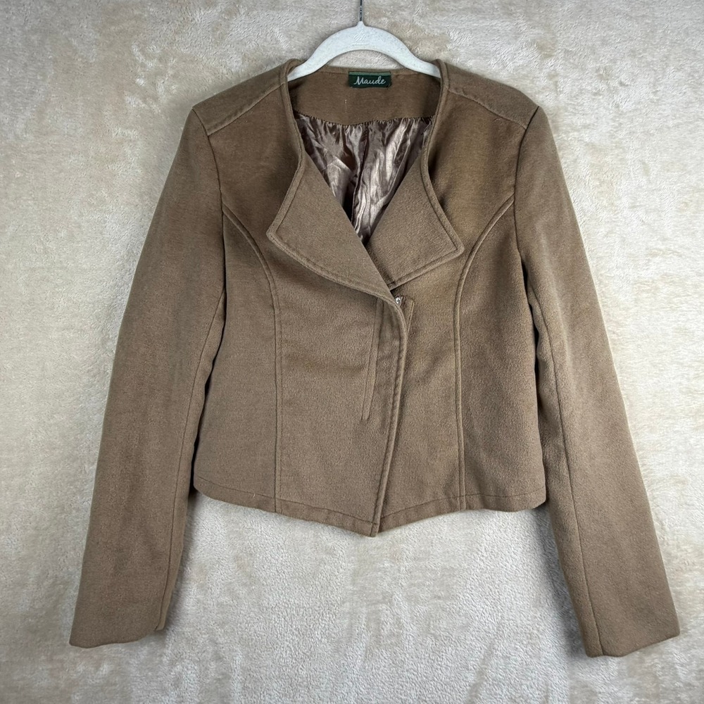 Maude Womens Taupe Asymmetrical Zip Moto Jacket Chic Stylish Modern Large